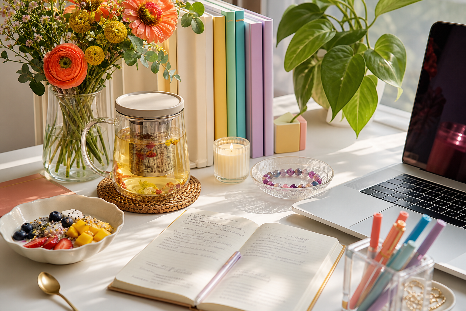Tea, flowers, colorful desk objects and beautiful everyday rituals