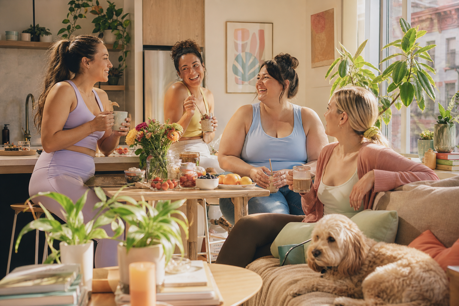 Friends at home with breakfast coffee plants yoga and a small dog